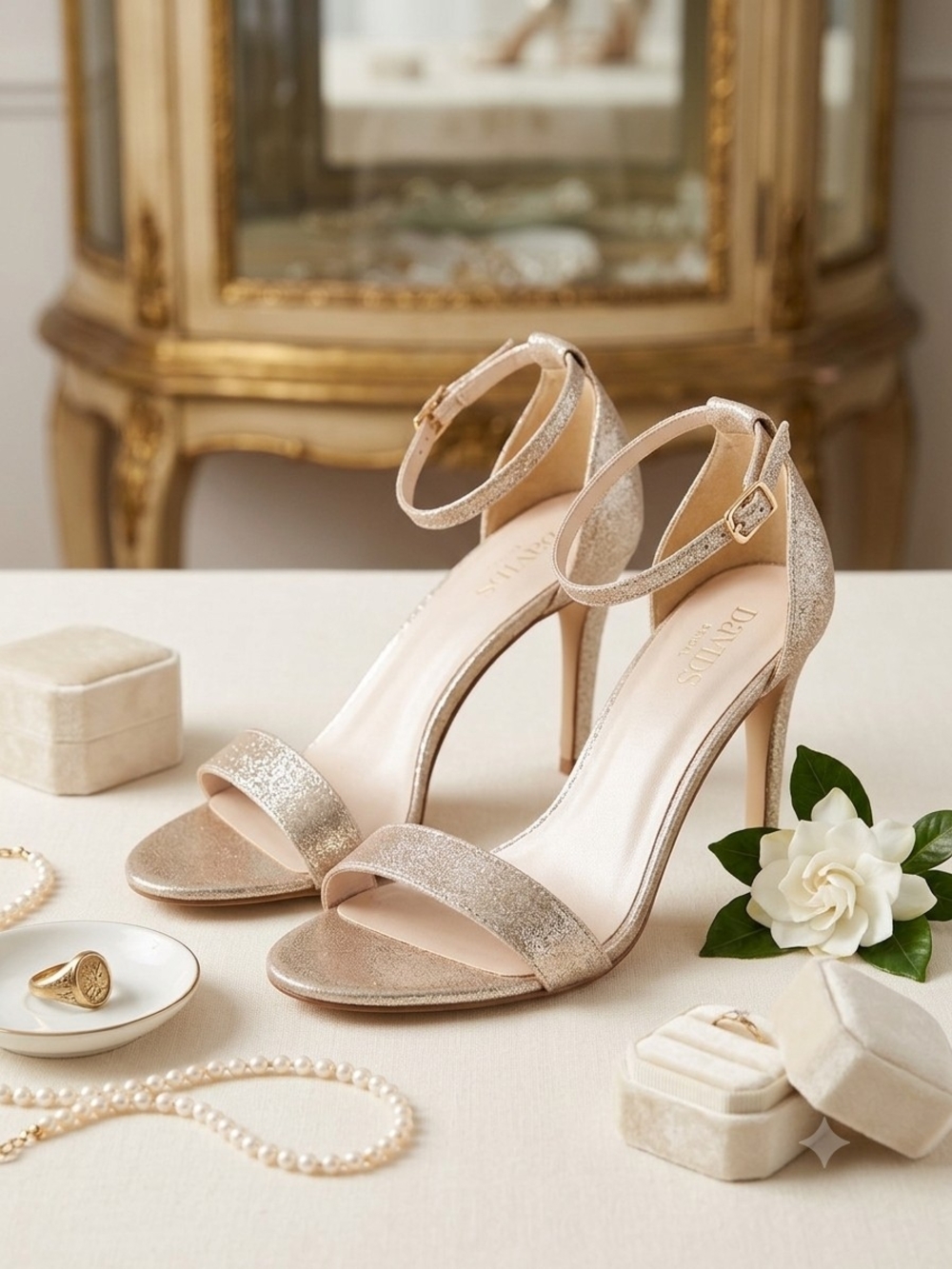 David's Bridal Shimmery Gold Strappy Mid-Heel Pumps